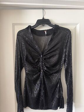 Free People Sequin Ruched Front Long Sleeve sheer blouse